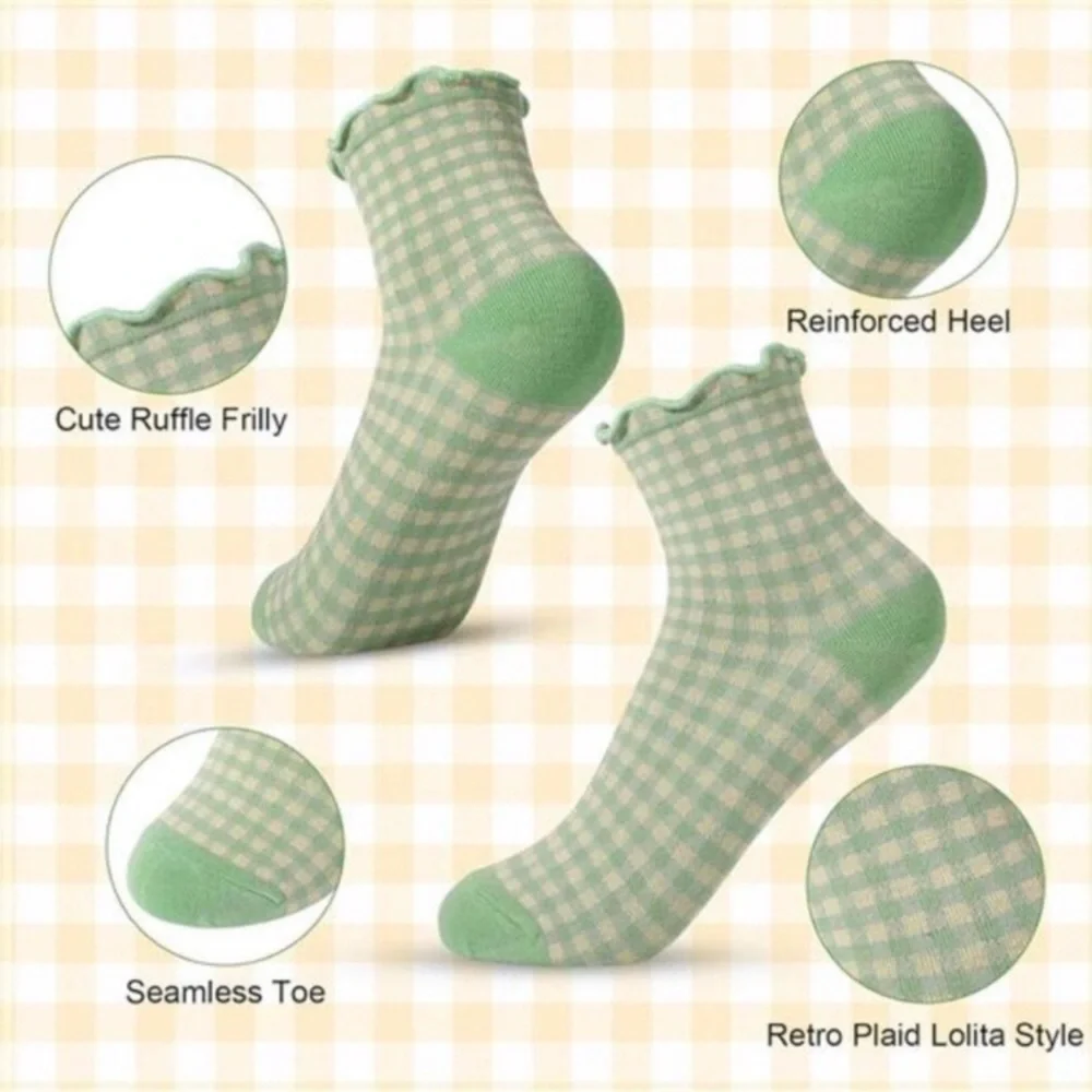 6 Pairs Women Ruffle Socks Striped Frilly Socks, Women Cute Socks Checkered